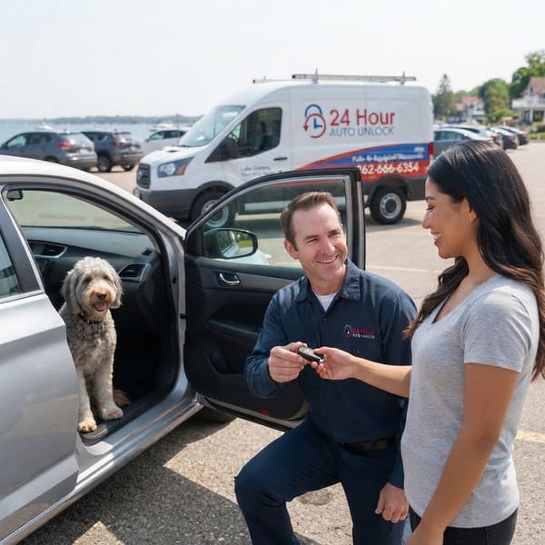 Locksmith handing car keys to customer — auto locksmith service Janesville WI
