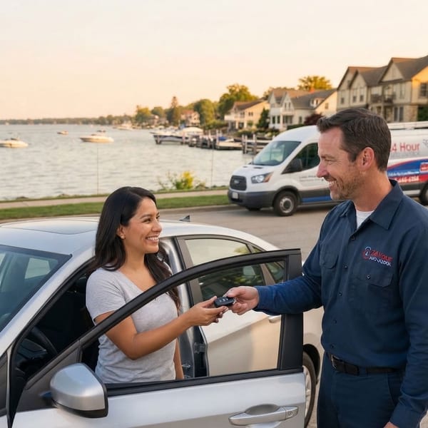 Locksmith with customer at Lake Geneva waterfront — mobile locksmith Rock County WI